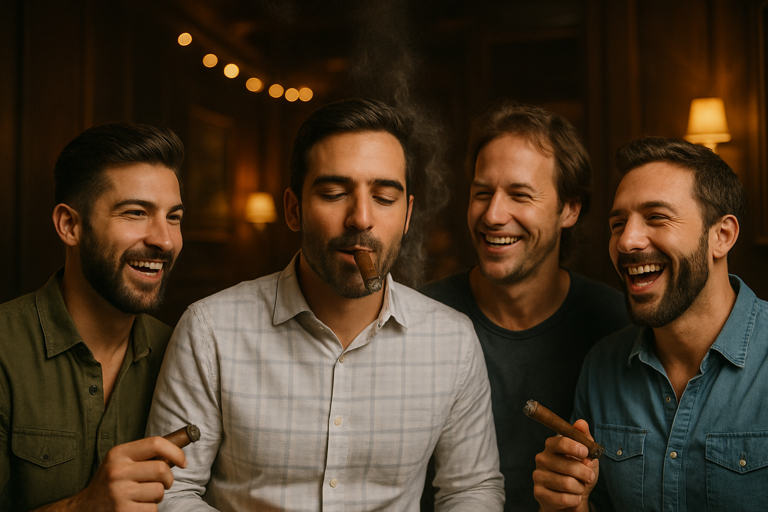 Three groomsmen and one groom enjoying premium cigars at a luxury bachelor party celebration
