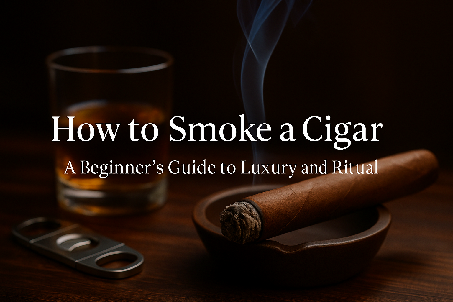 photo of lit cigar on an ashtray with a cigar cutter and glass of liquor there is white text overlay that reads "how to smoke a cigar a beginners guide to luxury and ritual"