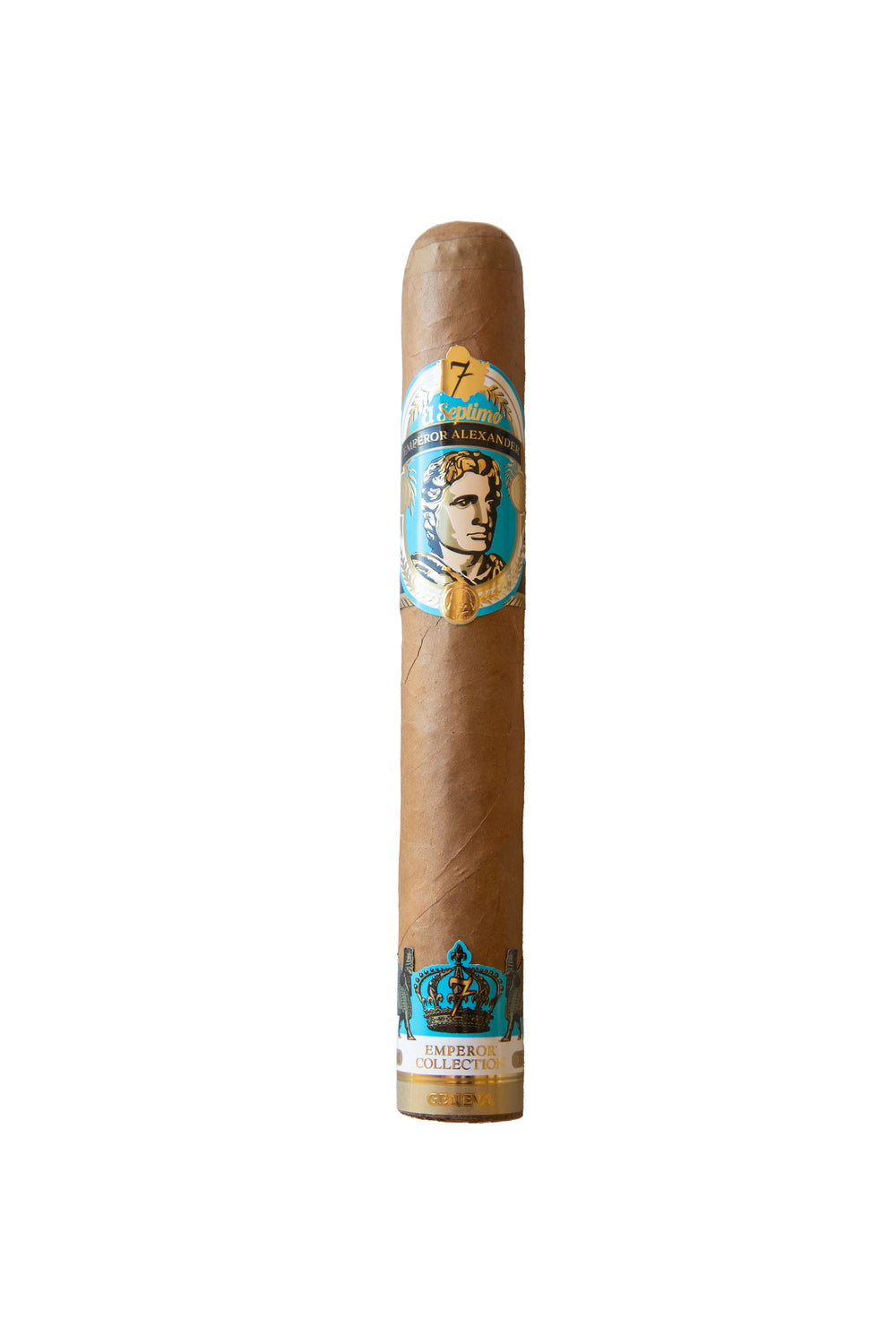 A single Alexander III cigar, which is part of the El Septimo brand, resting against a white background. The cigar has a brown color with a label that includes a portrait and the name 'Alexander III'.