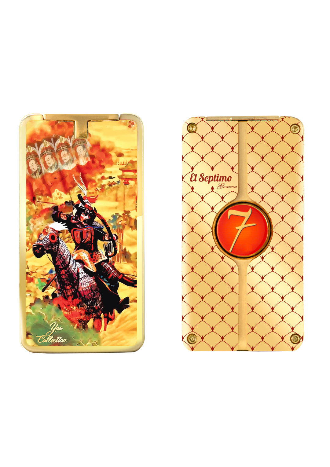 emperor yao cigar lighter with a gold background and an image of the emperor on a black and red horse with a bow and arrow. On the back is the number 7 in gold against a red circle background.