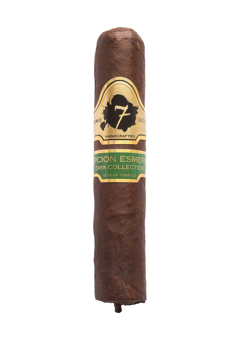 El Septimo Excepcion Esmeralda cigar  with a green and gold label against a white background