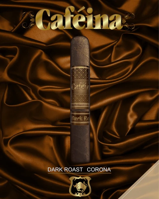 Close-up of a Lucky Cigar Caféina Corona showcasing dark wrapper and gold band