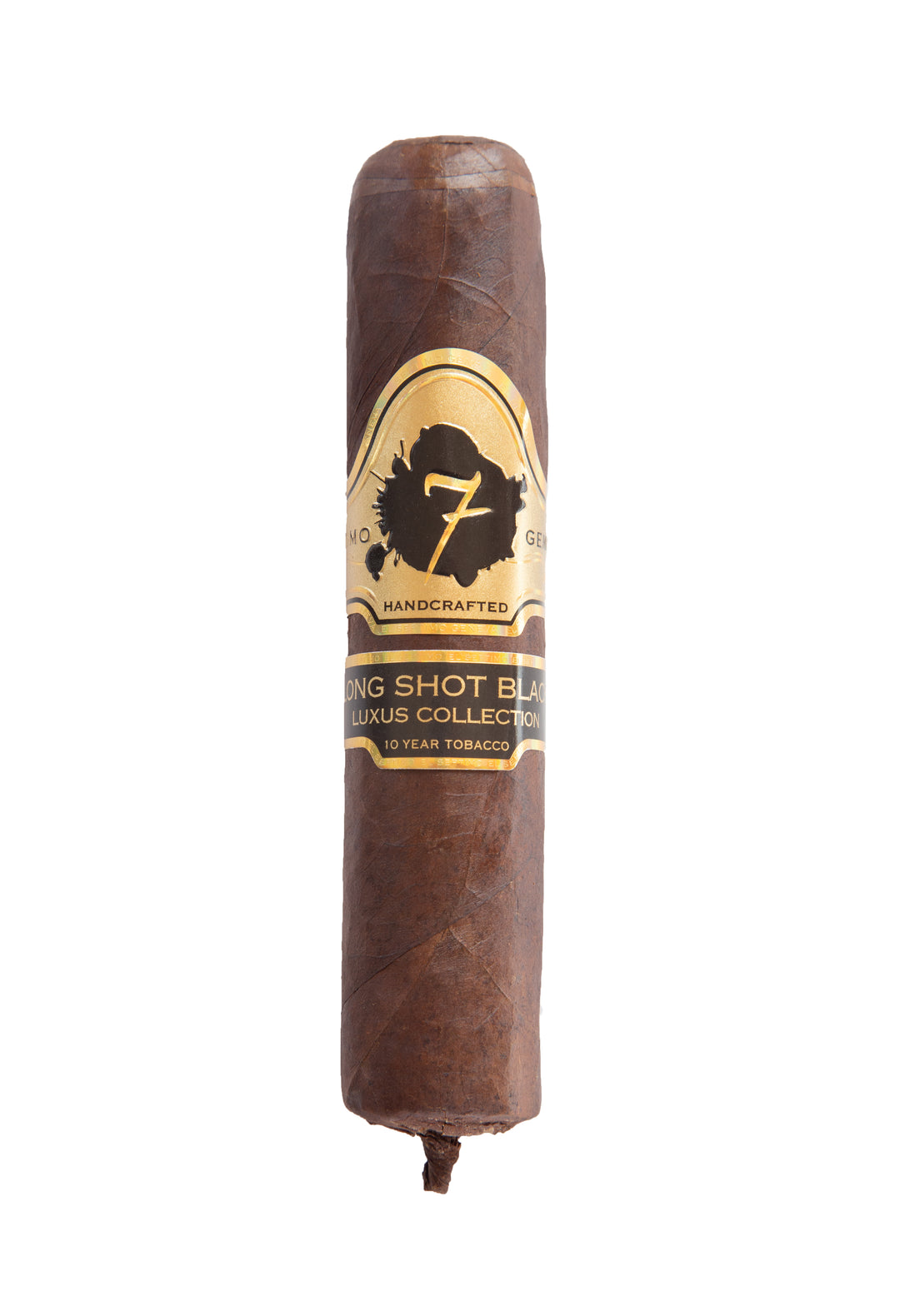 A single  El Septimo Long Shot Black  cigar with a gold and black band