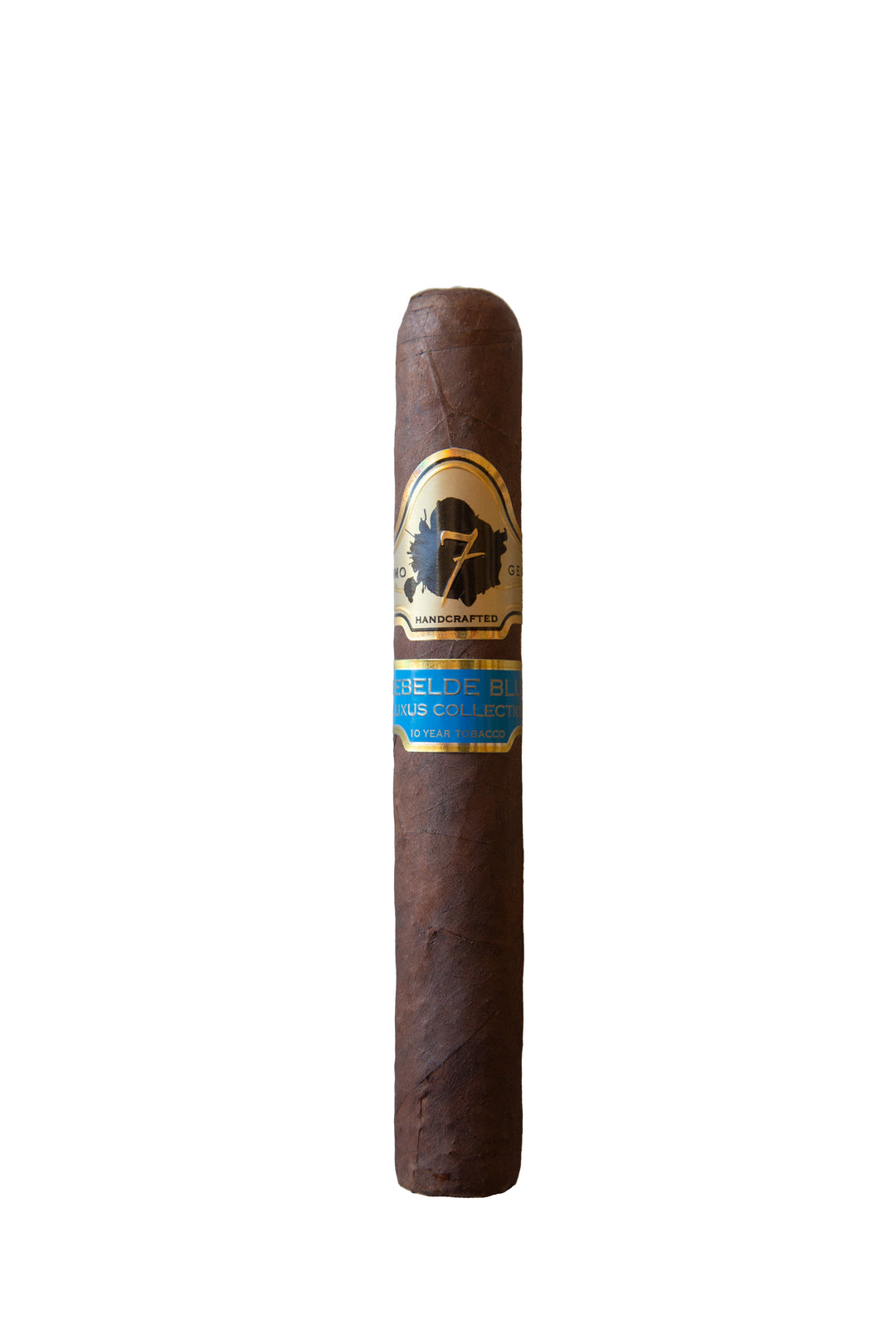 A single El Septimo Rebelde Blue cigar with a wrapper that appears brown in color, branded with a logo and the name 'El Septimo - Rebelde Blue' displayed on a white background.