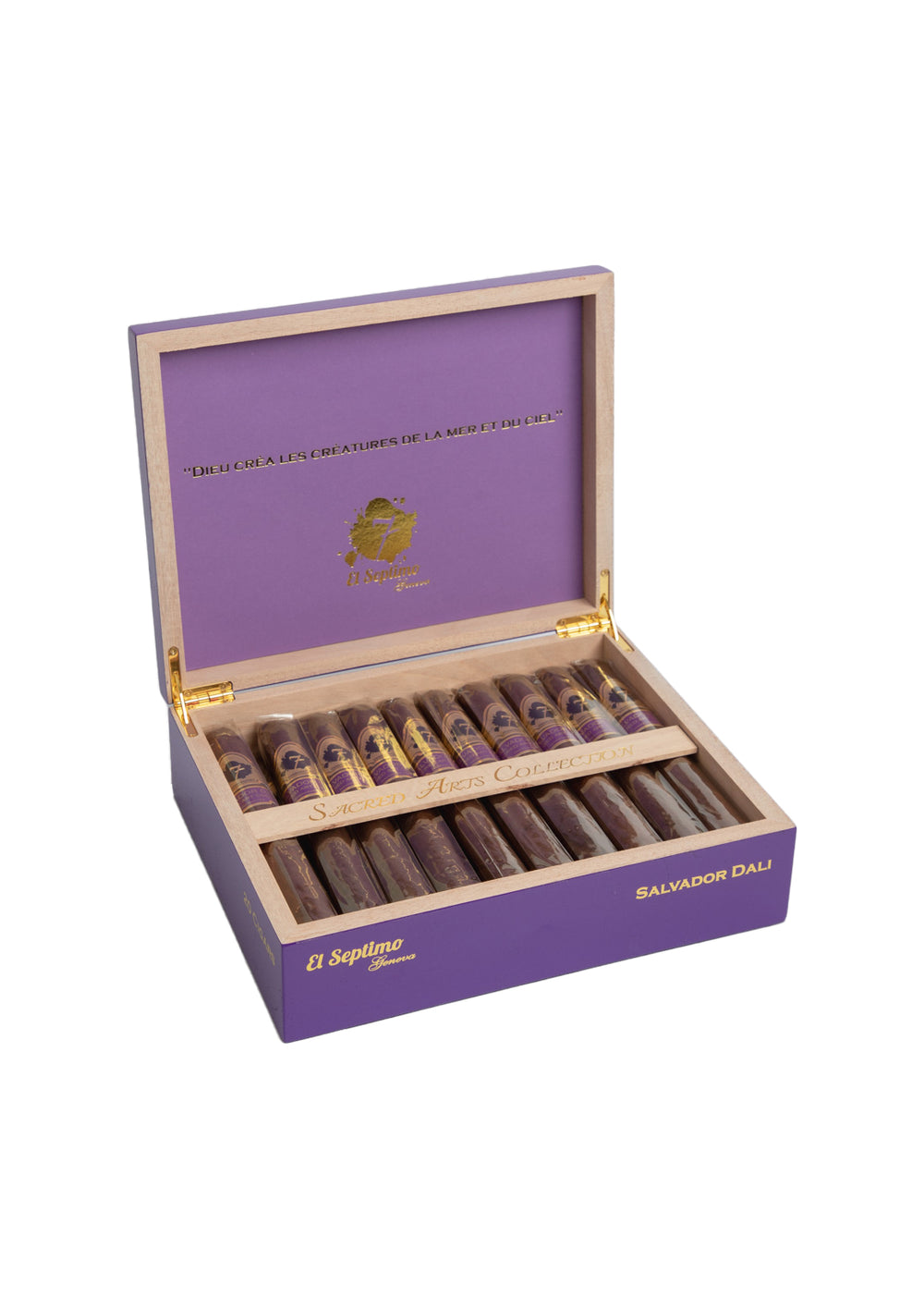 Box of El Septimo Salvador Dali cigars in an elegant purple cigar box with the gold lettering.