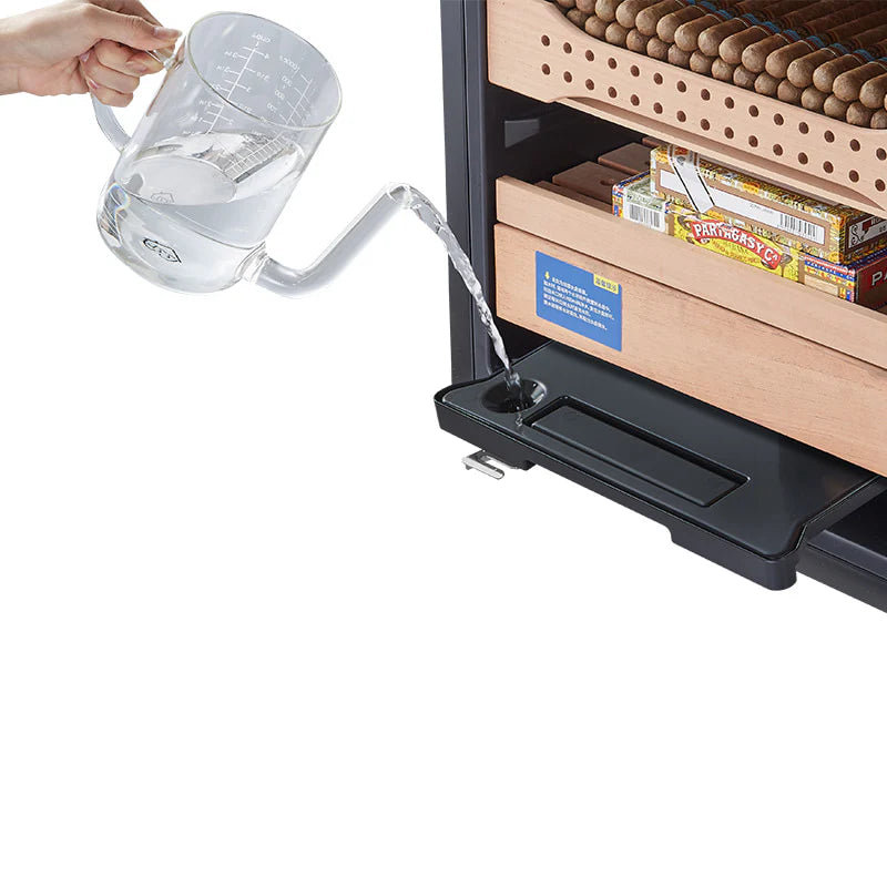 Cigar humidor with easy to refill container at the bottom of the unit.