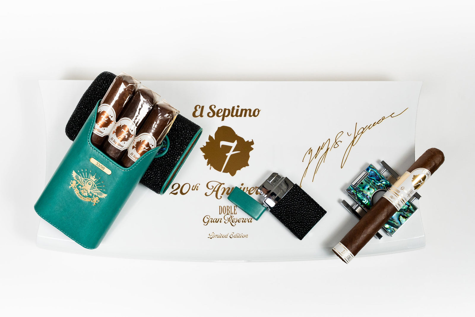 Luxury cigar gift set in an open presentation box with cutter and lighter from Cigar Inc.