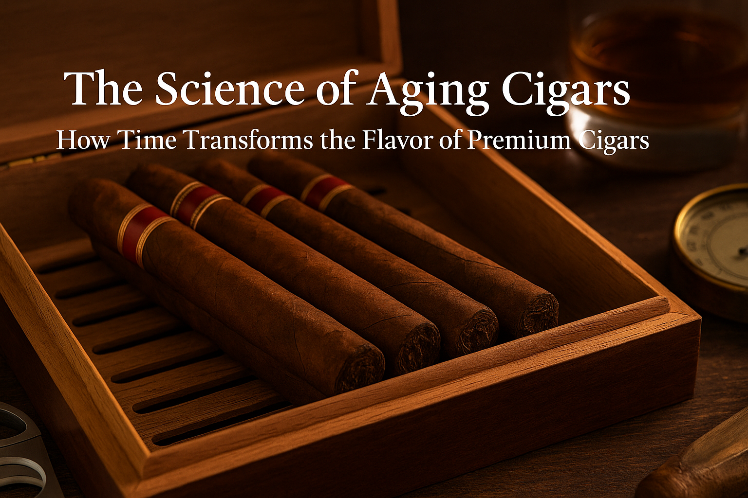 Banner with white text that reads The science of aging cigars with 34 cigars sitting in a wooden cigar box