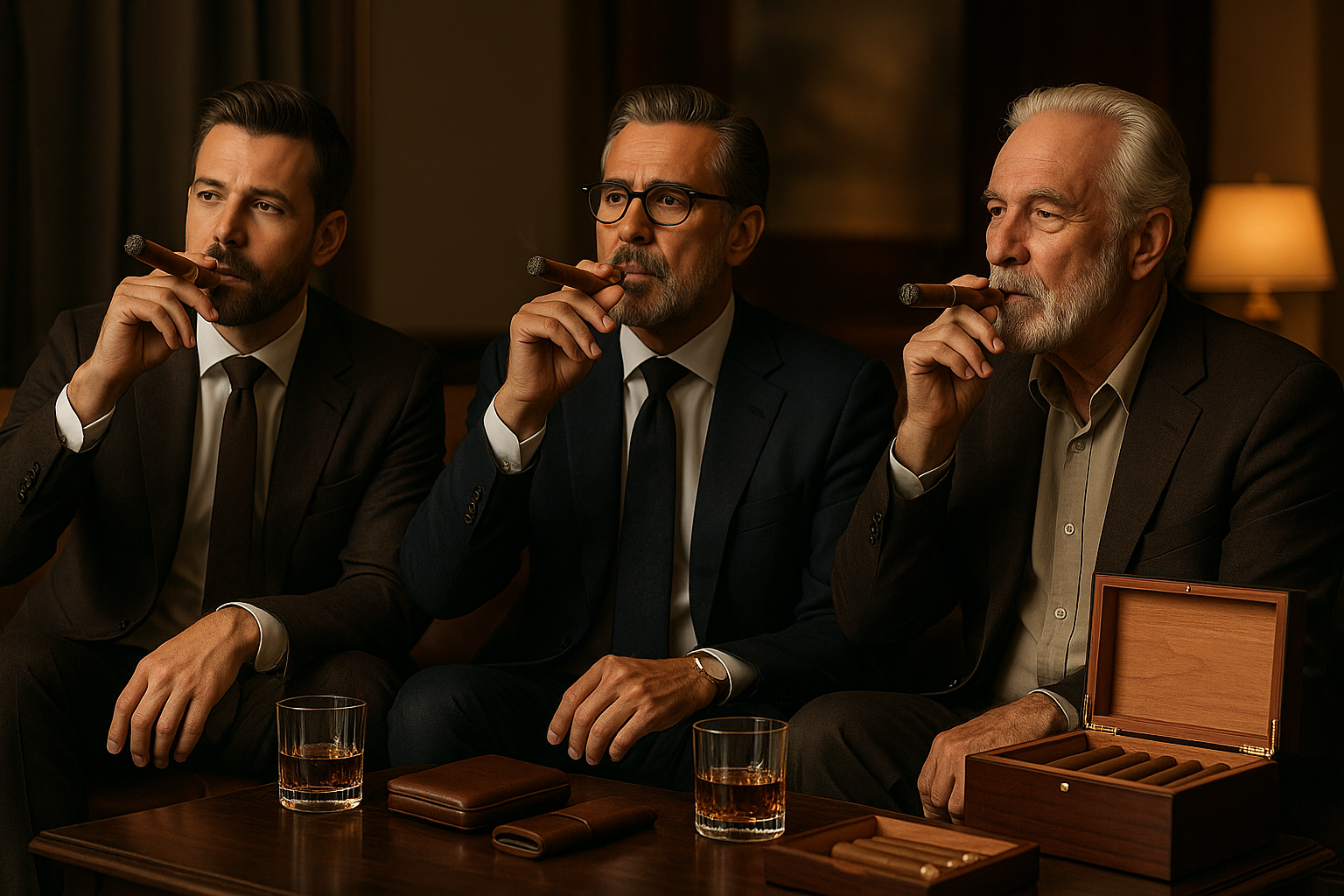photo of 3 caucasian men of various ages smoking a premium cigar with a glass of alcohol near them and an open brown cigar box