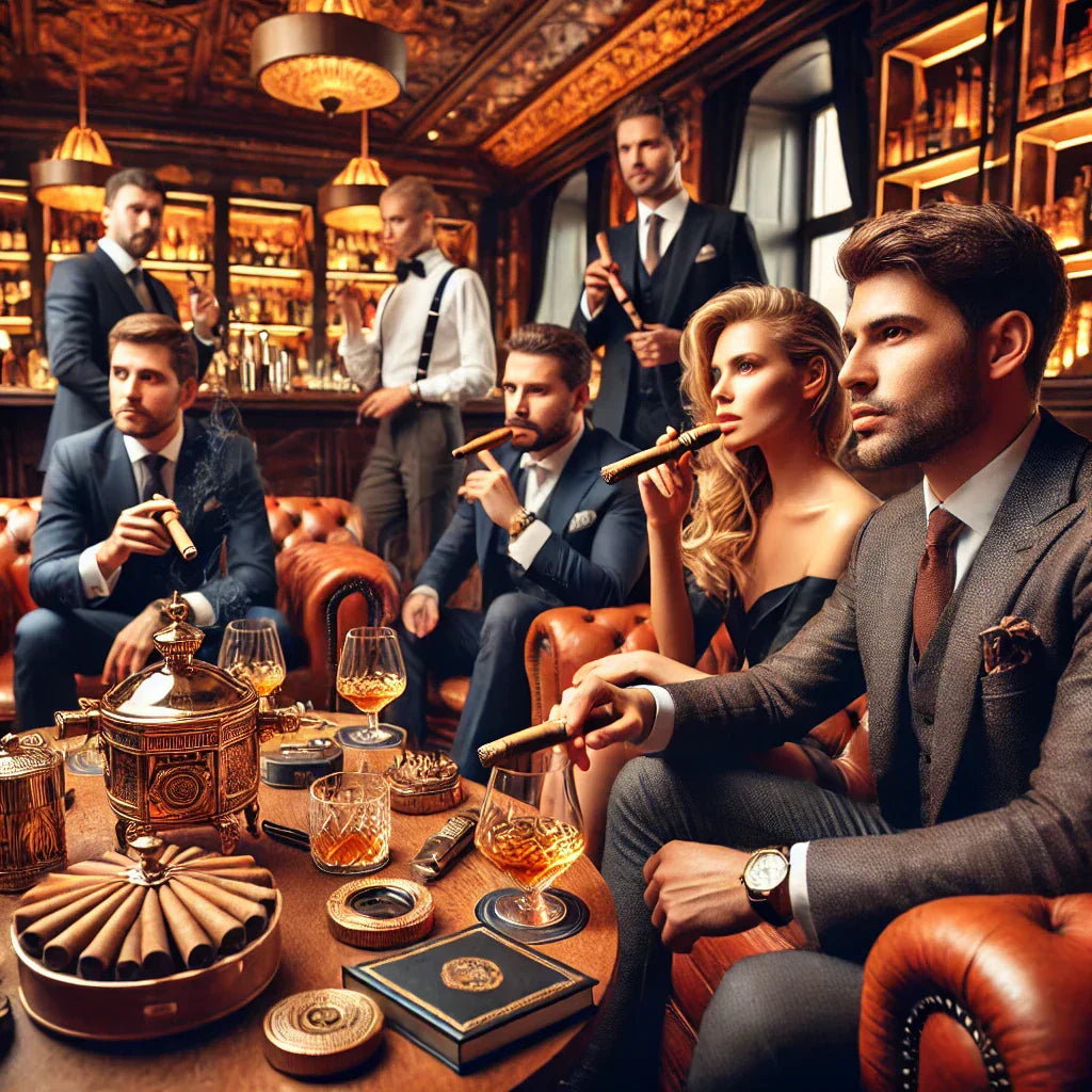 A group of men and one women smoking premium cigars on brown leather sofas in a luxurious cigar lounge with drinks and cigars on the brown table in front of them