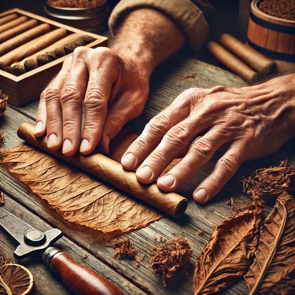 An artisan rolling a premium cigar by hand using whole tobacco leaves