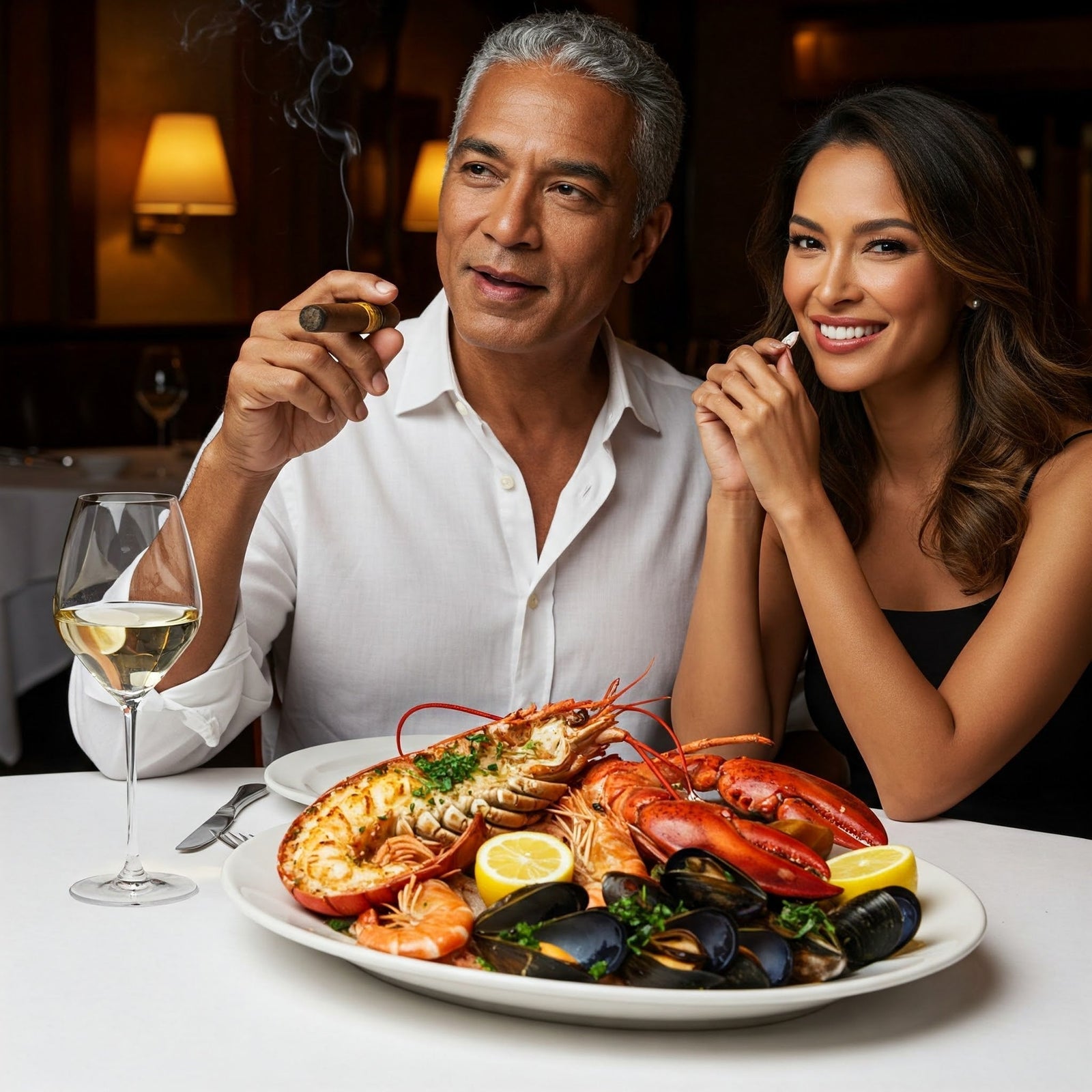 High-resolution image of a Kolosso Amethyst cigar next to a plate of lobster, crab, shrimp,  and grilled oysters with lemons, set on a table with a white tablebcloth with an attractive middle-aged mixed race couple.