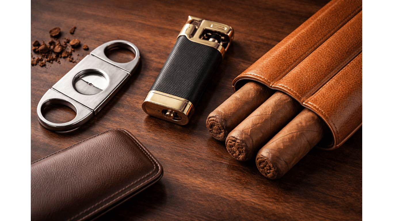lay flat image of cigar cutter, lighter and cigar case on a wooden background