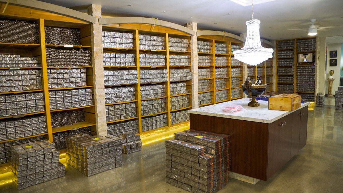 The Cigar Inc. walk-in humidor in Woodland Hills, California, stocked floor to ceiling with cigar boxes