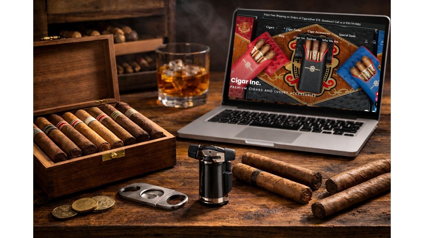 Premium cigars and luxury accessories displayed with the Cigar Inc. online cigar shop open on a laptop