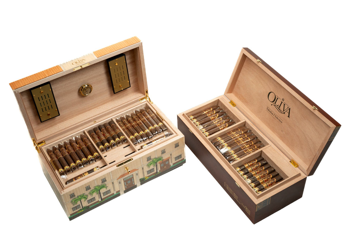 Elie Bleu Oliva Trilogy humidors open and filled with Oliva cigars