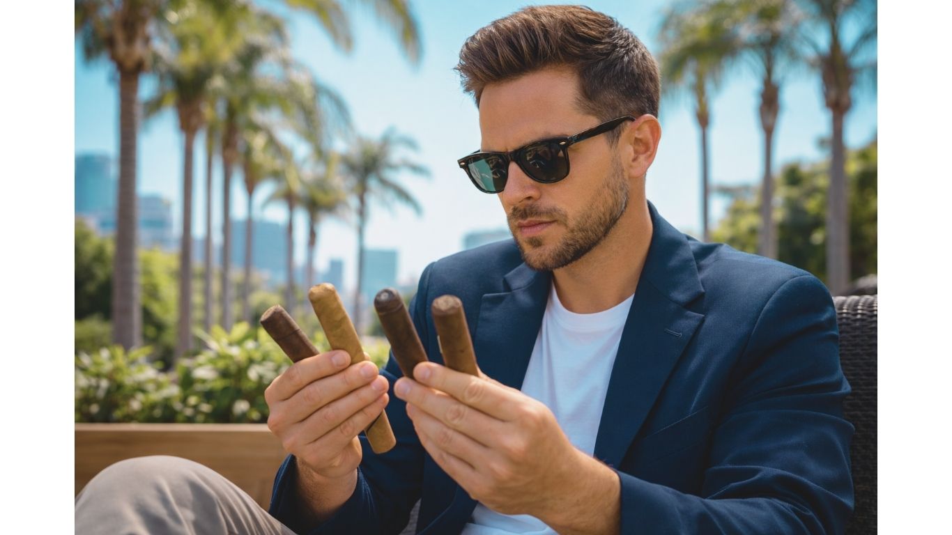a young man sitting outside in Los Angeles looking at 4 different cigars at cigar inc los angeles