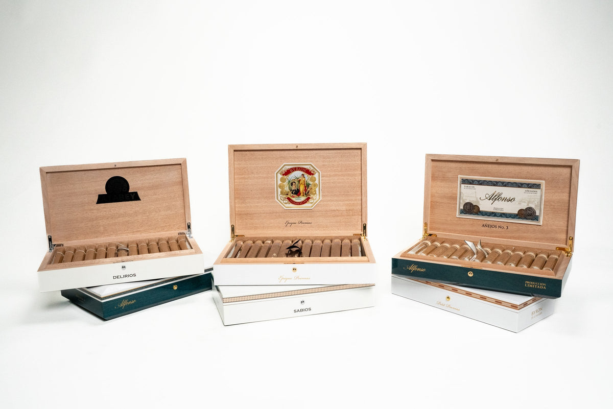 Open boxes of Atabey, Byron and Alfonso luxury cigars