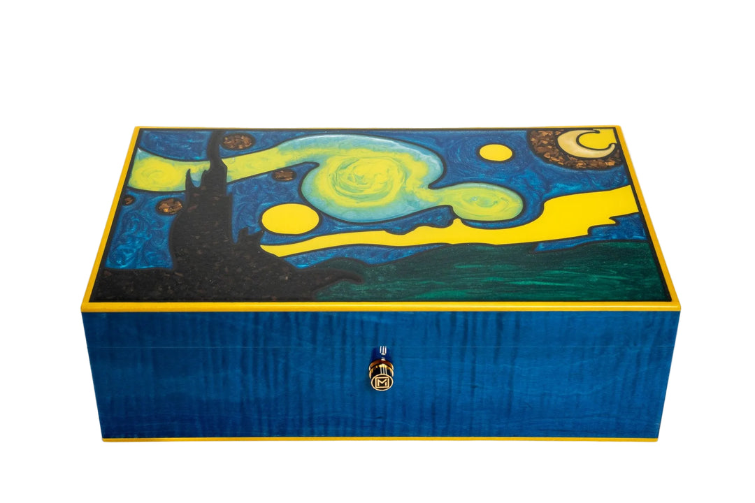 Maccarrone Starry Night 110 Count Limited Edition Humidor, Van Gogh marquetry lid, front view, Cigar Inc Los Angeles