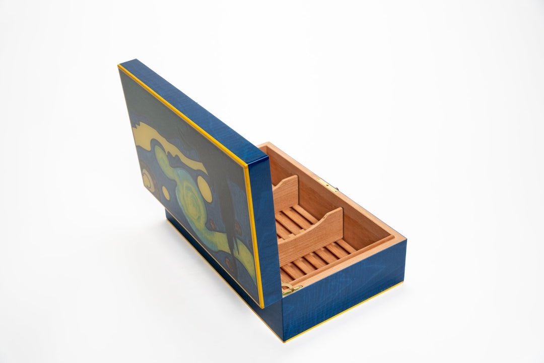 Maccarrone Starry Night 110 Count Limited Edition Humidor, lid open showing cedrella odorosa interior, Cigar Inc Woodland Hills