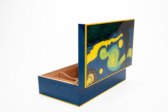 Maccarrone Starry Night 110 Count Limited Edition Humidor, open angled view of lid marquetry and cedar interior