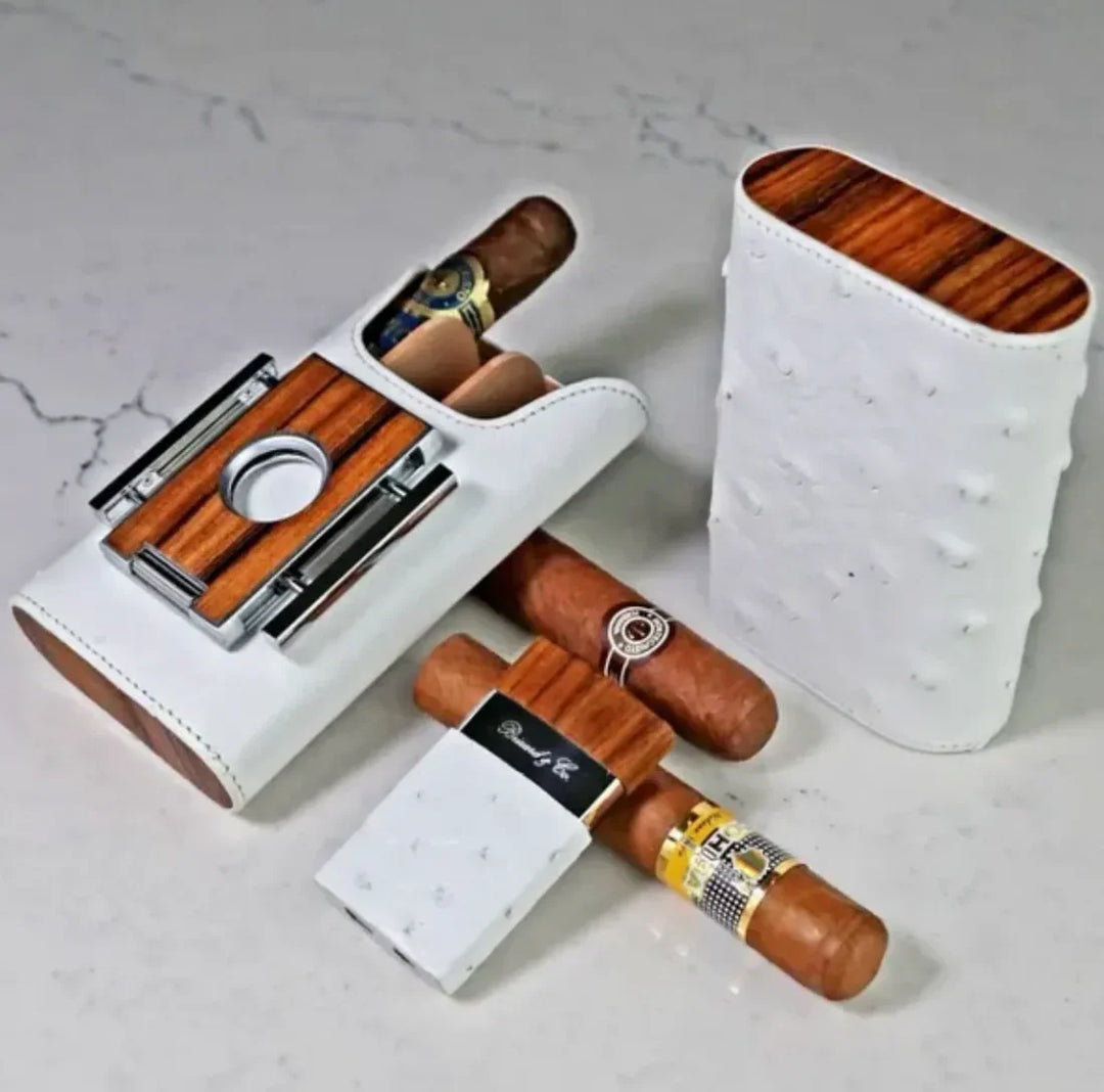 Brizard & Co – “Show Band” 3 Cigar Case - Genuine White Ostrich & Rosewood