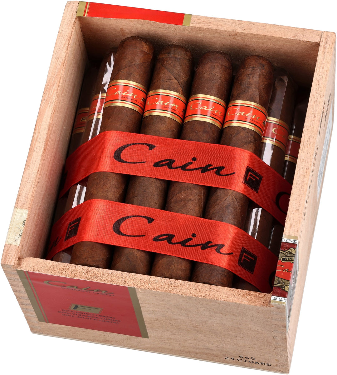 Box of Cain F double toro cigars with a red ribbon at Cigar Inc Woodland Hills, CA. 
