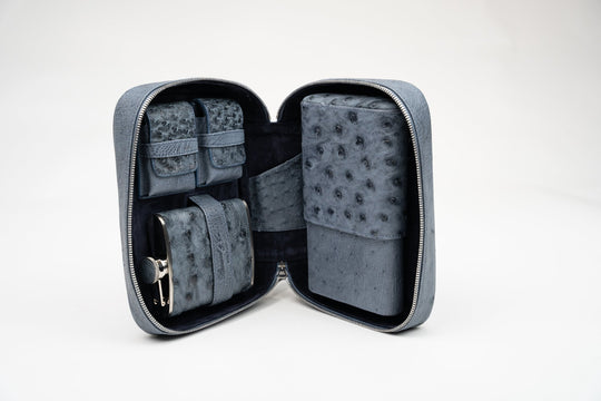 Havana Traveler Genuine Ostrich Bruciato "Denim" w/Flask (Ostrich), Brizard and Co luxury cigar accessory at Cigar Inc. Los Angeles