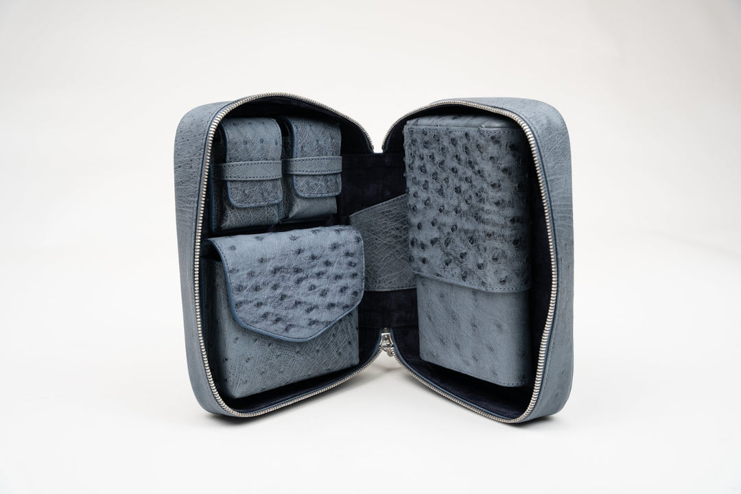 Havana Traveler Genuine Ostrich Bruciato Denim w/Valuable Pouch (Ostrich), Brizard and Co luxury cigar accessory at Cigar Inc. Los Angeles