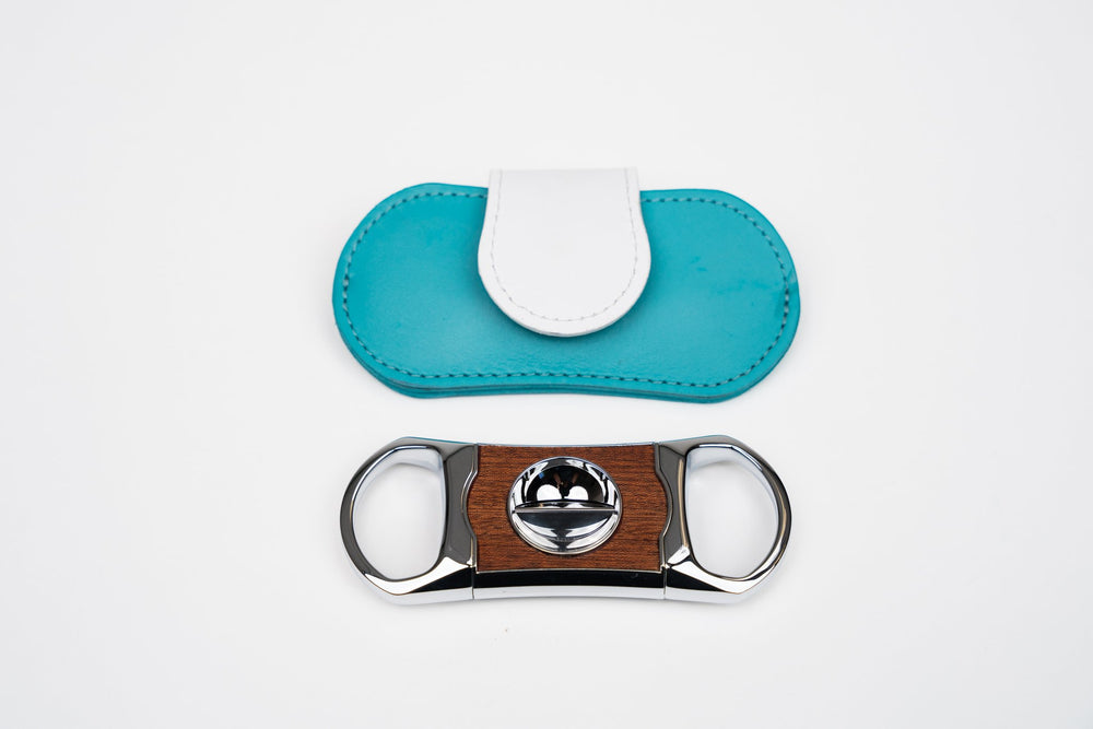 V Cutter "Positano" Turquoise leather and African Mohagany w/Pouch (Leather), Brizard and Co luxury cigar accessory at Cigar Inc. Los Angeles