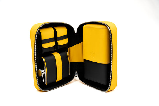 Havana Traveler Racing Black & Yellow w/ flask, Cases & Magnetic pouches (Leather), Brizard and Co luxury cigar accessory at Cigar Inc. Los Angeles