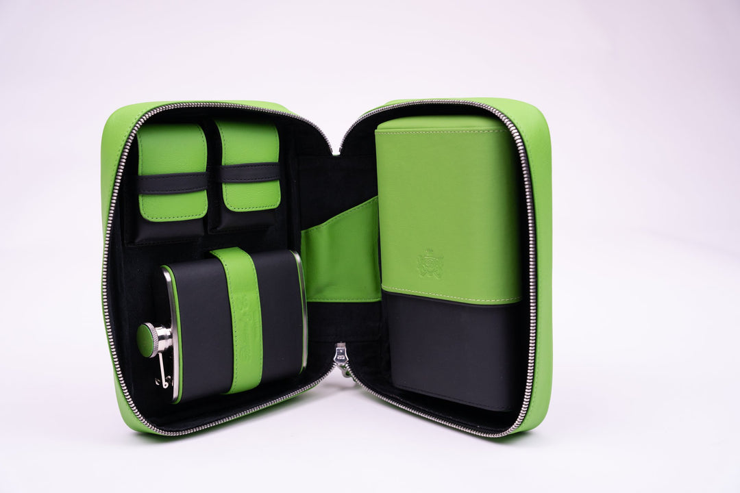 Havana Traveler Racing Black & Lime Green w/ flask, Cases & Magnetic pouches (Leather), Brizard and Co luxury cigar accessory at Cigar Inc. Los Angeles