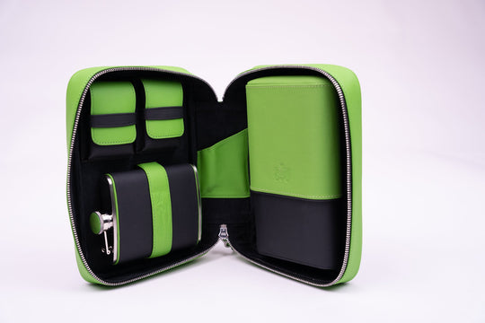 Havana Traveler Racing Black & Lime Green w/ flask, Cases & Magnetic pouches (Leather), Brizard and Co luxury cigar accessory at Cigar Inc. Los Angeles