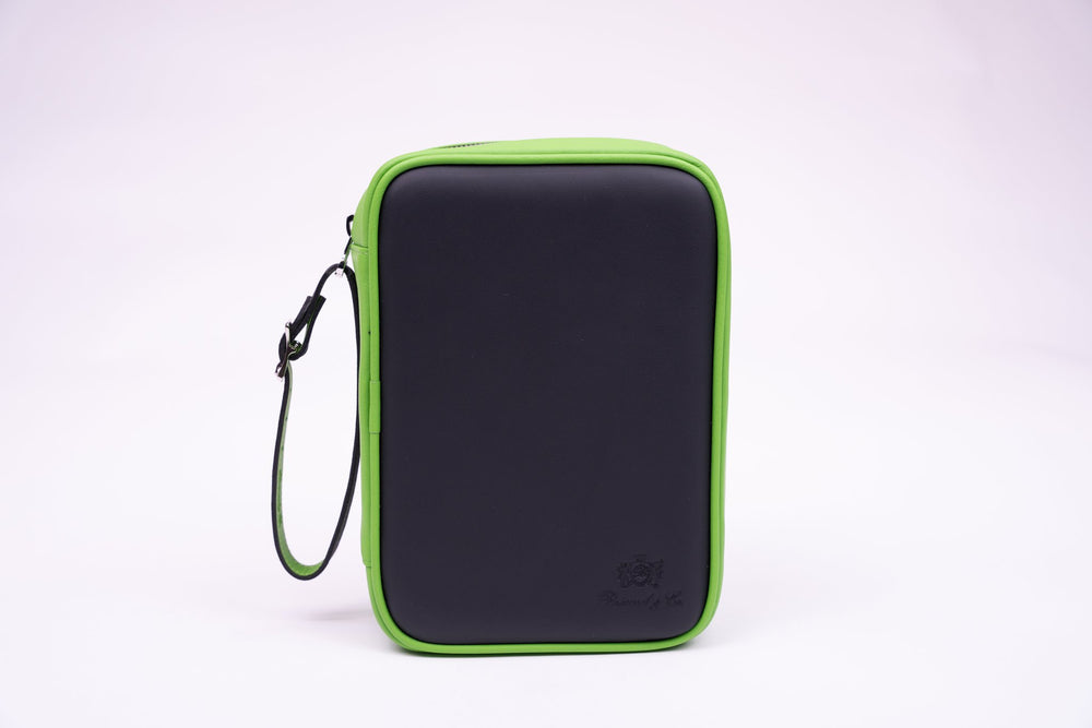 Havana Traveler Racing Black & Lime Green w/ flask, Cases & Magnetic pouches (Leather), Brizard and Co luxury cigar accessory at Cigar Inc. Los Angeles