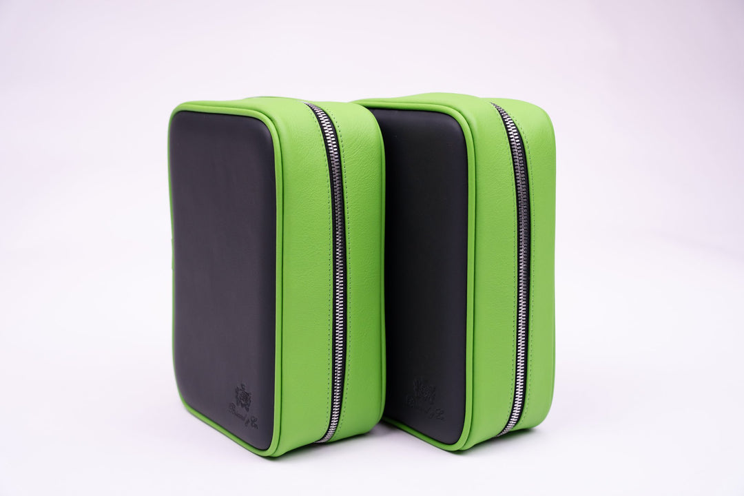 Havana Traveler Racing Black & Lime Green w/ flask, Cases & Magnetic pouches (Leather), Brizard and Co luxury cigar accessory at Cigar Inc. Los Angeles