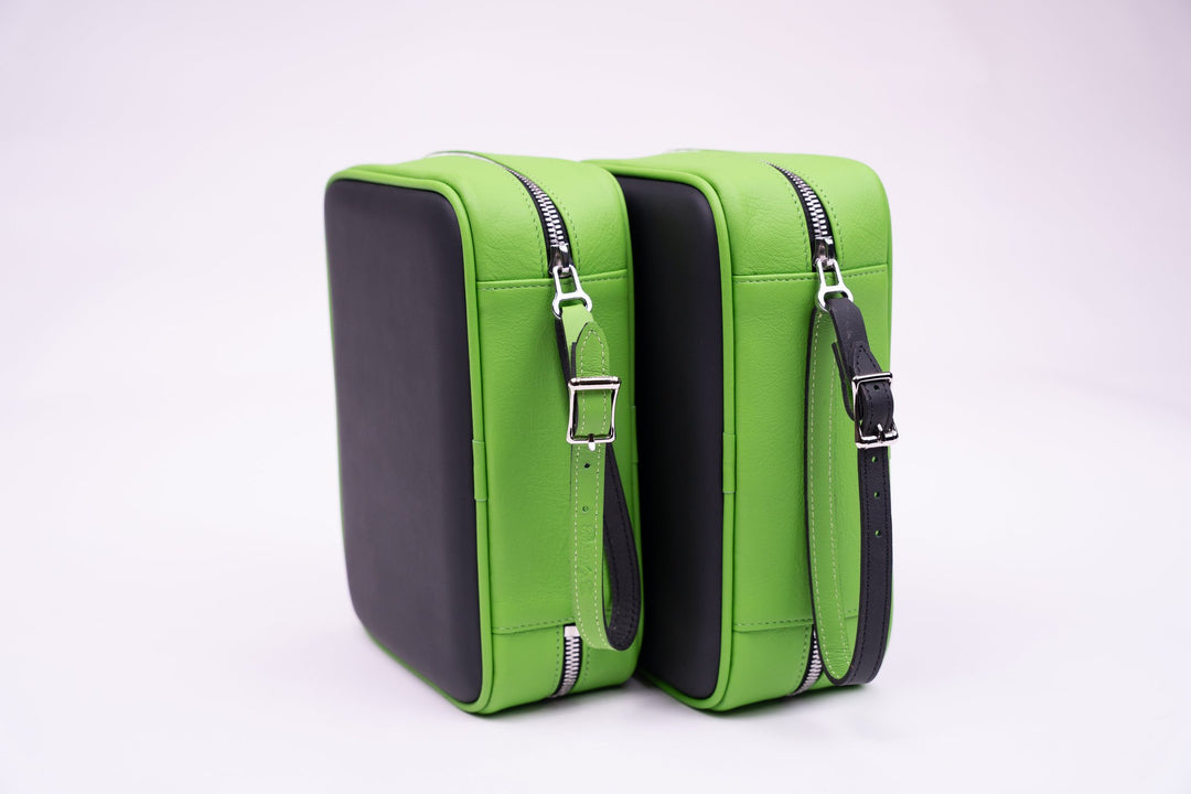 Havana Traveler Racing Black & Lime Green w/ flask, Cases & Magnetic pouches (Leather), Brizard and Co luxury cigar accessory at Cigar Inc. Los Angeles