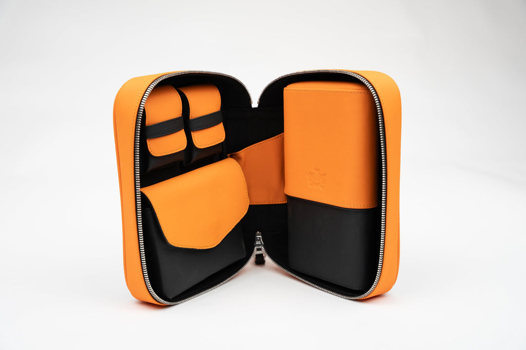 Havana Traveler 2 Racing Black & Orange w/Valuable Pouch (Leather), Brizard and Co luxury cigar accessory at Cigar Inc. Los Angeles