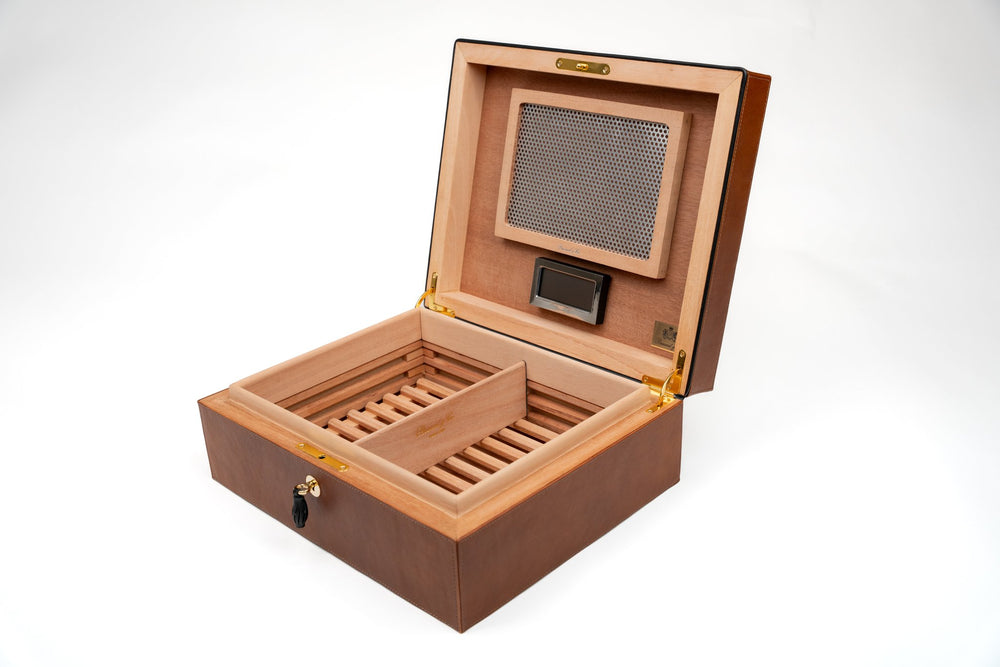 Airflow desktop humidor by Brizard and Co in whisky calf leather and black