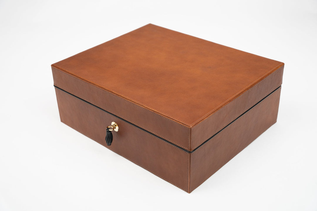 Airflow Humidor 70/80 Ct Whisky Calf Leather & Black (Leather), Brizard and Co luxury cigar accessory at Cigar Inc. Los Angeles