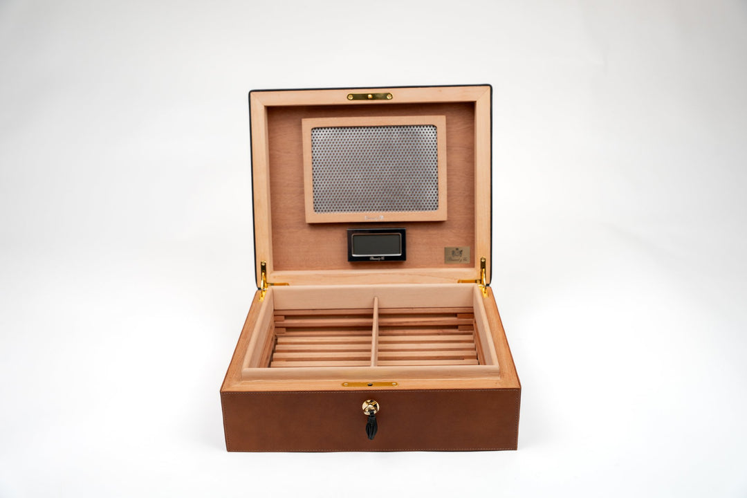 Airflow Humidor 70/80 Ct Whisky Calf Leather & Black (Leather), Brizard and Co luxury cigar accessory at Cigar Inc. Los Angeles