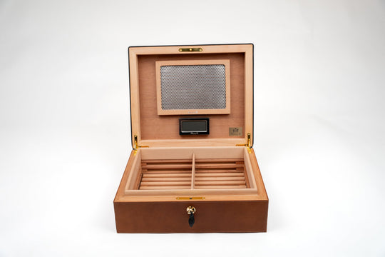 Airflow Humidor 70/80 Ct Whisky Calf Leather & Black (Leather), Brizard and Co luxury cigar accessory at Cigar Inc. Los Angeles