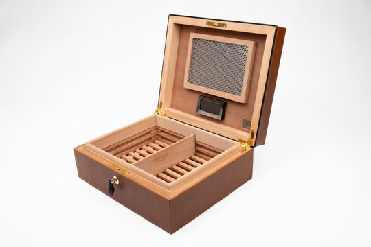 Airflow Humidor 70/80 Ct Whisky Calf Leather & Black (Leather), Brizard and Co luxury cigar accessory at Cigar Inc. Los Angeles