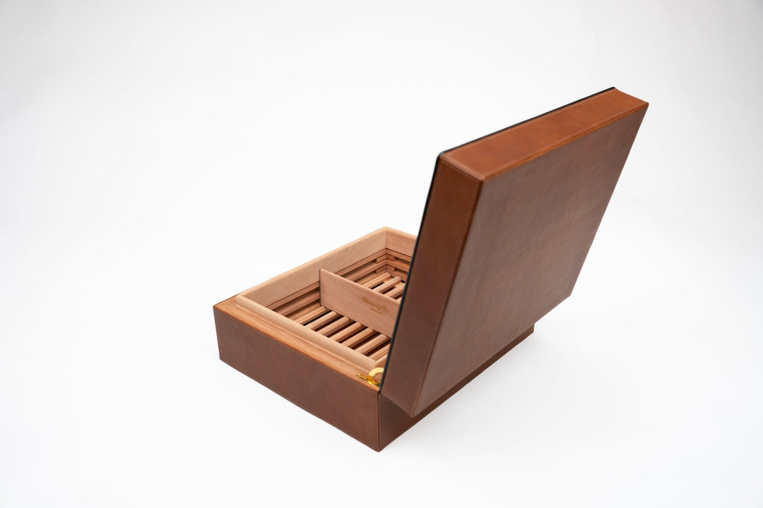 Airflow Humidor 70/80 Ct Whisky Calf Leather & Black (Leather), Brizard and Co luxury cigar accessory at Cigar Inc. Los Angeles