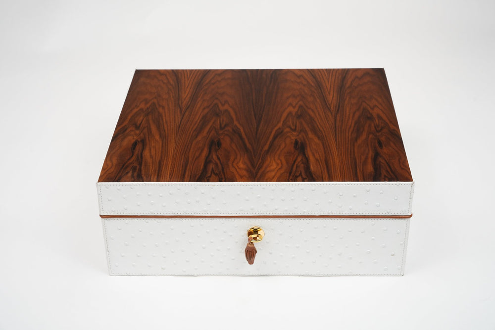 Airflow Humidor Genuine Ostrich White and Rosewood with Tan pipping (St Tropez collection) (Ostrich, Exotic Wood), Brizard and Co luxury cigar accessory at Cigar Inc. Los Angeles