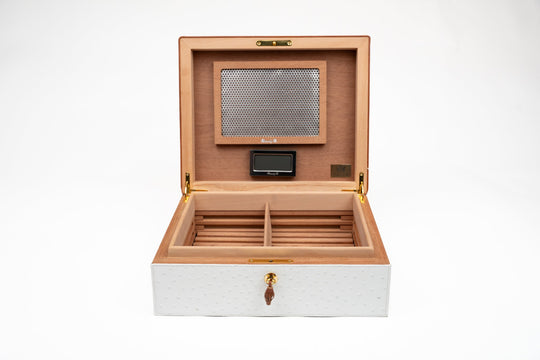 Airflow Humidor Genuine Ostrich White and Rosewood with Tan pipping (St Tropez collection) (Ostrich, Exotic Wood), Brizard and Co luxury cigar accessory at Cigar Inc. Los Angeles