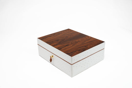 Airflow Humidor Genuine Ostrich White and Rosewood with Tan pipping (St Tropez collection) (Ostrich, Exotic Wood), Brizard and Co luxury cigar accessory at Cigar Inc. Los Angeles