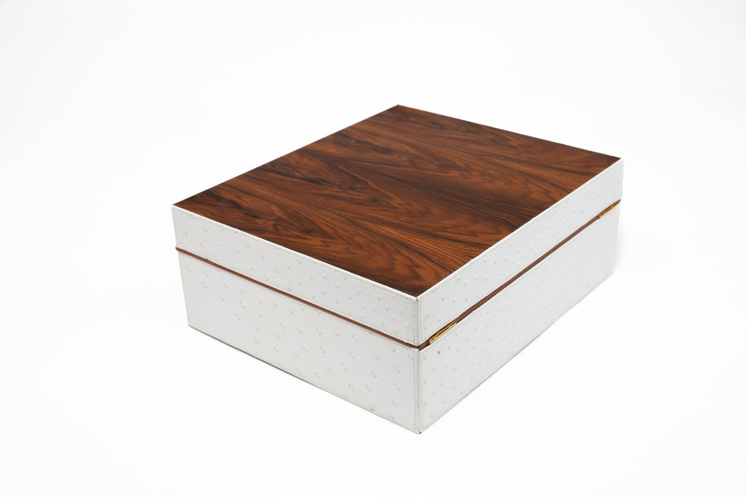 Airflow Humidor Genuine Ostrich White and Rosewood with Tan pipping (St Tropez collection) (Ostrich, Exotic Wood), Brizard and Co luxury cigar accessory at Cigar Inc. Los Angeles