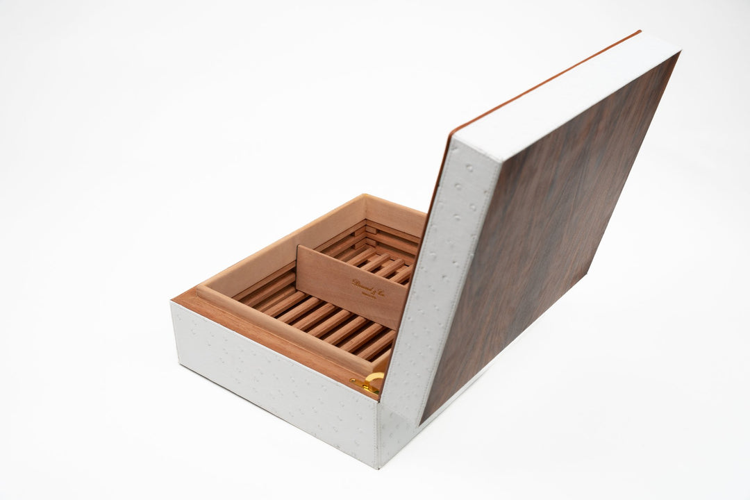 Airflow Humidor Genuine Ostrich White and Rosewood with Tan pipping (St Tropez collection) (Ostrich, Exotic Wood), Brizard and Co luxury cigar accessory at Cigar Inc. Los Angeles