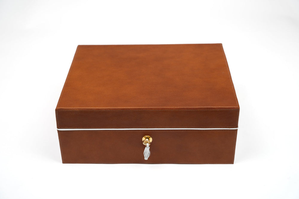 Airflow Humidor 70/80ct Whisky Calf Leather & White (Leather), Brizard and Co luxury cigar accessory at Cigar Inc. Los Angeles