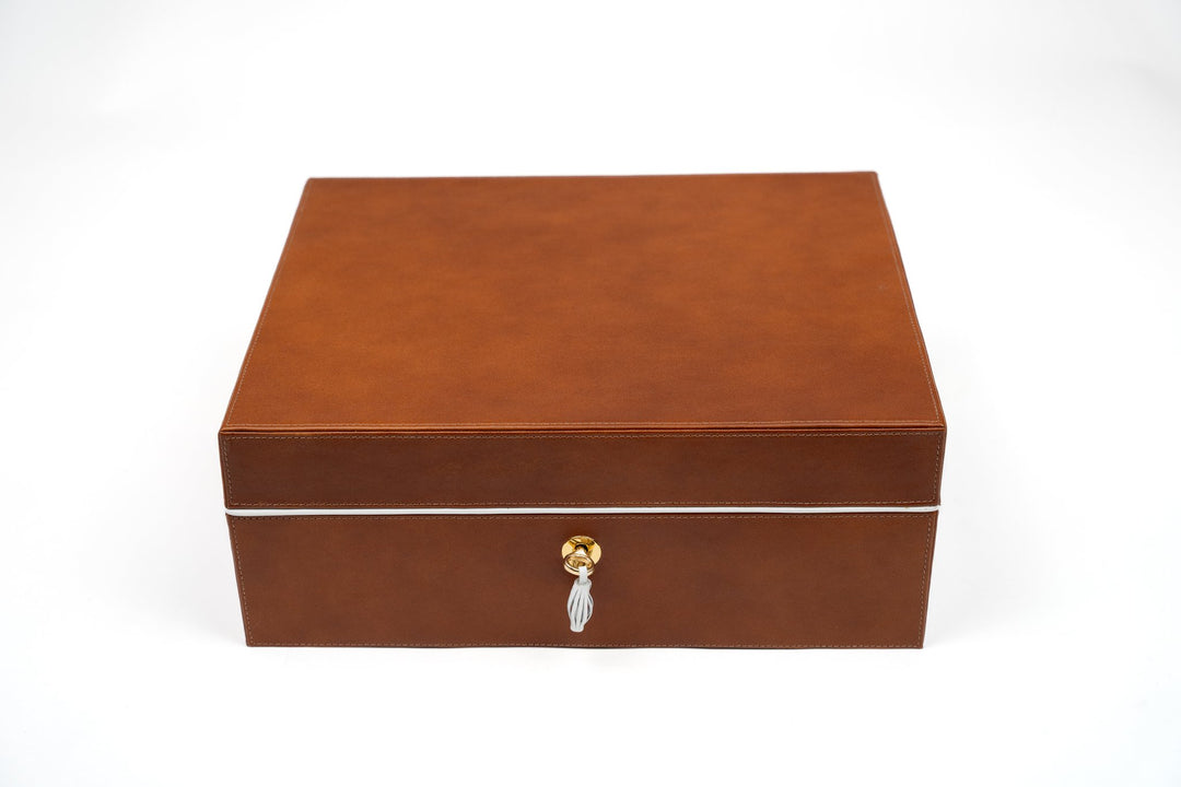 Airflow Humidor 70/80ct Whisky Calf Leather & White (Leather), Brizard and Co luxury cigar accessory at Cigar Inc. Los Angeles